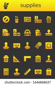 Modern Simple Set of supplies Vector filled Icons. Contains such as Protractor, Pencil case, Stamp, Periodic table, Trash can and more Fully Editable and Pixel Perfect icons.