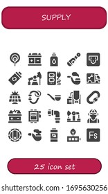 Modern Simple Set of supply Vector filled Icons. Contains such as Electrode, Battery, Conditioner, Electric, Socket, Pump jack and more Fully Editable and Pixel Perfect icons.