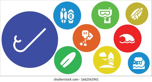 Modern Simple Set of surfing Vector filled Icons. Contains such as Snorkel, Surf, Surfboard, Paddles, Wave and more Fully Editable and Pixel Perfect icons.