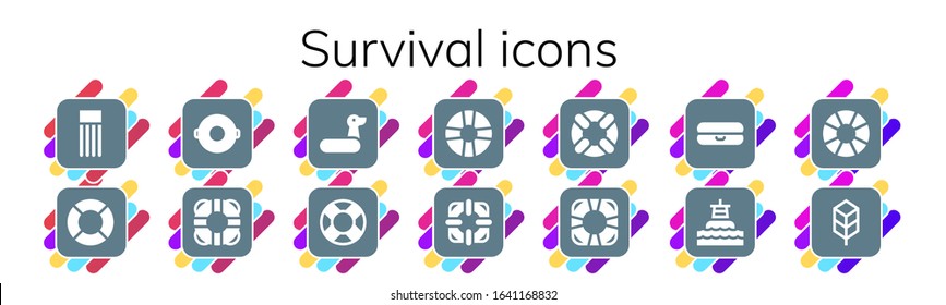 Modern Simple Set of survival Vector filled Icons. Contains such as Float, Lifeguard, Lifesaver, Rubber ring, Lifebuoy, Buoy, Jungle disk and more Fully Editable and Pixel Perfect icons.