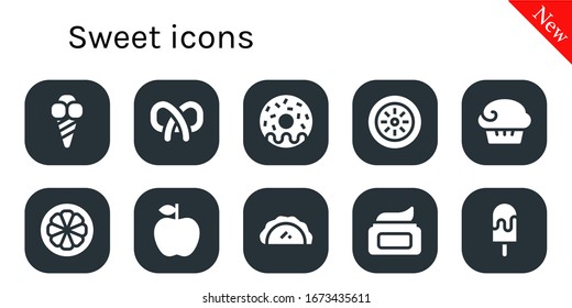 Modern Simple Set of sweet Vector filled Icons. Contains such as Ice cream, Pretzel, Donut, Kiwi, Muffin, Mangosteen, Apple, Pastry and more Fully Editable and Pixel Perfect icons.