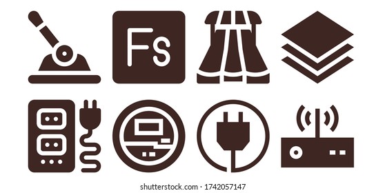 Modern Simple Set of switch Vector filled Icons. Contains such as Socket, Control, Voltmeter, Fuse, Plug, Sliders, Modem, Layers and more Fully Editable and Pixel Perfect icons.