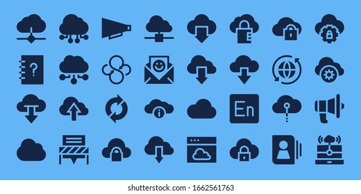 Modern Simple Set of sync Vector filled Icons. Contains such as Cloud, Contacts, Cloud computing, Communication, Sync, Encore and more Fully Editable and Pixel Perfect icons.