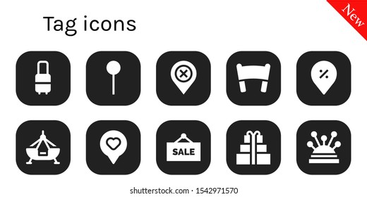 Modern Simple Set of tag Vector filled Icons. Contains such as Suitcase, Pin, Location, Banner, Fair ship, Sale, Gift, Pins and more Fully Editable and Pixel Perfect icons.