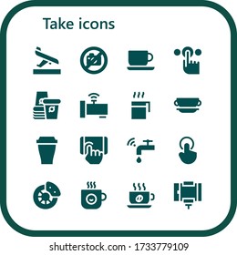 Modern Simple Set of take Vector filled Icons. Contains such as Arrival, No photo, Coffee cup, Tap, Paper cup, Faucet, Cup, Break and more Fully Editable and Pixel Perfect icons.