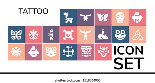 Modern Simple Set of tattoo Vector filled Icons. Contains such as Giraffe, Butterfly, Spider web, Punk, Frog, Gnosticism, Tiki and more Fully Editable and Pixel Perfect icons.