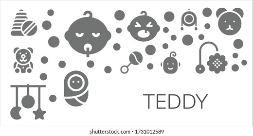 Modern Simple Set of teddy Vector filled Icons. Contains such as Toys, Baby, Teddy bear, Rattle, Crib toy, Toy and more Fully Editable and Pixel Perfect icons.