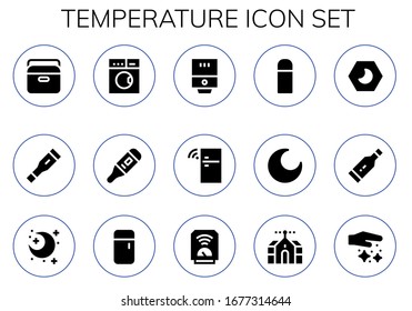 Modern Simple Set of temperature Vector filled Icons. Contains such as Portable fridge, Thermometer, Laundry, Water heater, Fridge and more Fully Editable and Pixel Perfect icons.