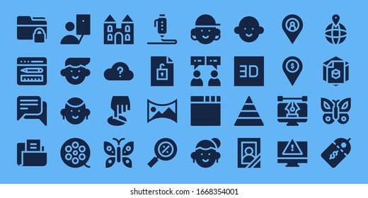 Modern Simple Set Of Template Vector Filled Icons. Contains Such As Folder, Browser, Chat, Selfie, Avatar, Film Roll, Castle, Question And More Fully Editable And Pixel Perfect Icons.