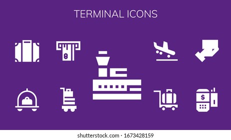 Modern Simple Set of terminal Vector filled Icons. Contains such as Control tower, Baggage, Atm, Luggage, Payment terminal, Payment method and more Fully Editable and Pixel Perfect icons.