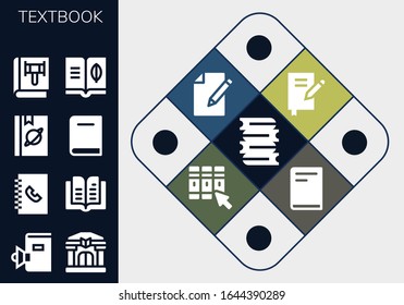 Modern Simple Set of textbook Vector filled Icons. Contains such as Books, Book, Library, Phone book, Paper and more Fully Editable and Pixel Perfect icons.