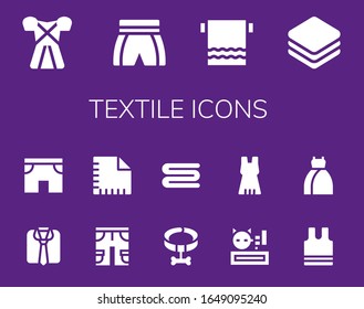 Modern Simple Set Of Textile Vector Filled Icons. Contains Such As Dress, Shorts, Towel, Layers, Clothes, Napkin, Collar, Meow And More Fully Editable And Pixel Perfect Icons.