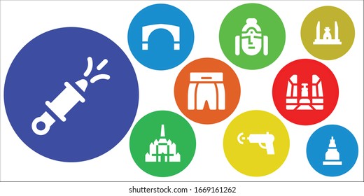 Modern Simple Set of thailand Vector filled Icons. Contains such as Water gun, Stari most, Buddha, Thatbyinnyu temple, Boxing shorts and more Fully Editable and Pixel Perfect icons.