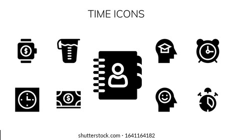 Modern Simple Set of time Vector filled Icons. Contains such as Agenda, Money, Measuring glass, Clock, Smartwatch, Alarm, Alarm clock and more Fully Editable and Pixel Perfect icons.