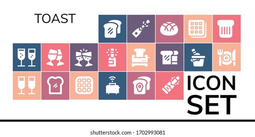 Modern Simple Set of toast Vector filled Icons. Contains such as Bread, Champagne, Toast, Waffle, Toaster, Ice bucket, Breakfast and more Fully Editable and Pixel Perfect icons.