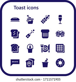 Modern Simple Set of toast Vector filled Icons. Contains such as Bread, Ice bucket, Champagne, Toast, Breakfast, Waffle, Bravo and more Fully Editable and Pixel Perfect icons.