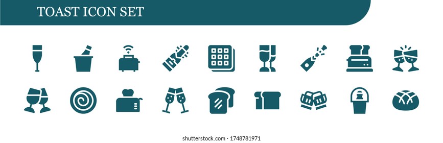 Modern Simple Set of toast Vector filled Icons. Contains such as Champagne, Toaster, Waffle, Toast, Cinnamon roll, Bread and more Fully Editable and Pixel Perfect icons.
