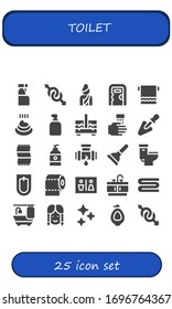 Modern Simple Set of toilet Vector filled Icons. Contains such as Cleaning spray, Gender, Woman, Public toilet, Towel, Poo, Soap and more Fully Editable and Pixel Perfect icons.