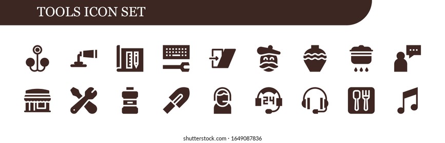 Modern Simple Set of tools Vector filled Icons. Contains such as Bait, Paint tube, Architecture, Configuration, Shear, Artist and more Fully Editable and Pixel Perfect icons.
