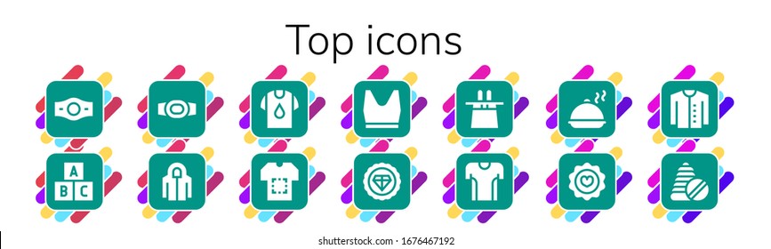 Modern Simple Set of top Vector filled Icons. Contains such as Champion belt, Toy, Hoodie, Shirt, Tank top, Premium, Magic hat and more Fully Editable and Pixel Perfect icons.