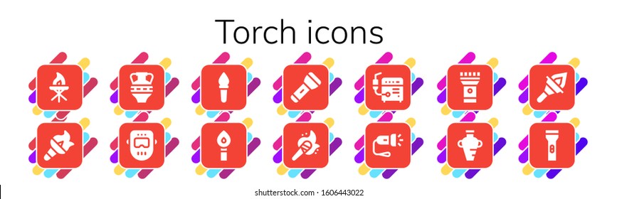 Modern Simple Set of torch Vector filled Icons. Contains such as Torch, Amphora, Welder, Flashlight and more Fully Editable and Pixel Perfect icons.