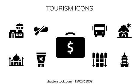 Modern Simple Set of tourism Vector filled Icons. Contains such as Briefcase, Sun cream, Kayak, Taj mahal, Airport, Pagoda, Cabin and more Fully Editable and Pixel Perfect icons.