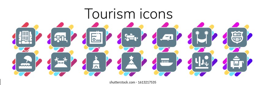 Modern Simple Set of tourism Vector filled Icons. Contains such as Waterfall, Island, Caravan, Swimming pool, Tower, Trailer, Peak and more Fully Editable and Pixel Perfect icons.