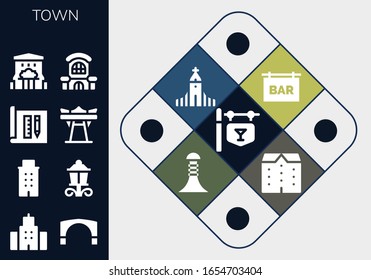 Modern Simple Set of town Vector filled Icons. Contains such as Bar, Building, Stari most, Street lamp, Architecture, Giant swing and more Fully Editable and Pixel Perfect icons.