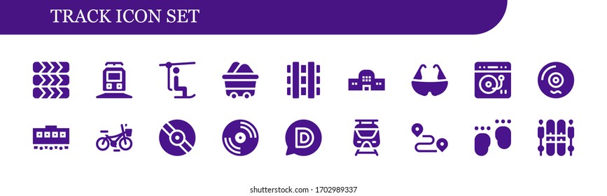 Modern Simple Set of track Vector filled Icons. Contains such as Tires, Train, Chairlift, Wagon, Railway, Train station, Bicycle and more Fully Editable and Pixel Perfect icons.