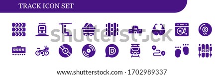 Modern Simple Set of track Vector filled Icons. Contains such as Tires, Train, Chairlift, Wagon, Railway, Train station, Bicycle and more Fully Editable and Pixel Perfect icons.