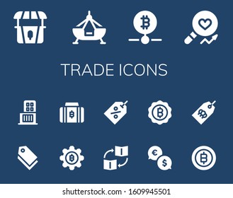 Modern Simple Set of trade Vector filled Icons. Contains such as Stand, Fair ship, Bitcoin, Analysis, Tag, Shopping center, Trade and more Fully Editable and Pixel Perfect icons.