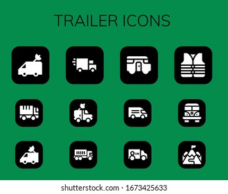 Moderne einfache Set von Trailer Vektorillustration gefüllt Symbole. Enthält u.a. Van, Truck, Lieferwagen, Caravan, Lifejacke, Ramp und mehr Vollwertige und Pixel Perfect Icons.