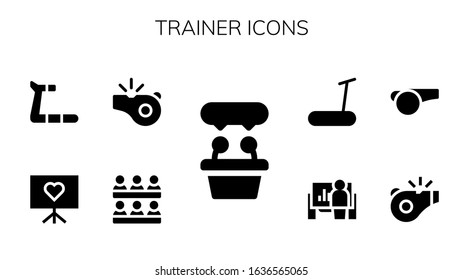 Modern Simple Set of trainer Vector filled Icons. Contains such as Presentation, Classroom, Whistle, Treadmill, Referee and more Fully Editable and Pixel Perfect icons.