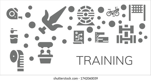 Modern Simple Set of training Vector filled Icons. Contains such as Measuring tape, Martial arts, Powder, Planning, Trampoline and more Fully Editable and Pixel Perfect icons.