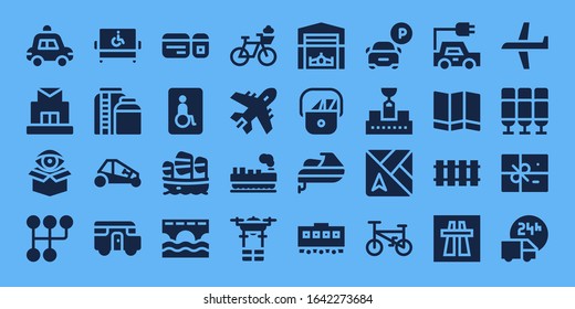 Modern Simple Set of transport Vector filled Icons. Contains such as Police car, Post office, Package, Gearshift, Disabled, Tank and more Fully Editable and Pixel Perfect icons.