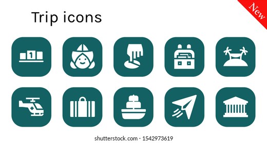 Modern Simple Set of trip Vector filled Icons. Contains such as Position, Dutch, Case, Island, Helicopter, Suitcase, Ship, Paper plane and more Fully Editable and Pixel Perfect icons.