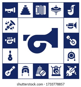Modern Simple Set of trumpet Vector filled Icons. Contains such as Trumpet, French horn, Instrument, Jazz, Banjo, Toy, Mandolin and more Fully Editable and Pixel Perfect icons.