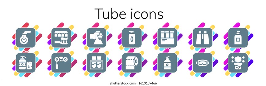 Modern Simple Set of tube Vector filled Icons. Contains such as Florence flask, Shampoo, Toothbrush, Binoculars, Flask, Chemical and more Fully Editable and Pixel Perfect icons.