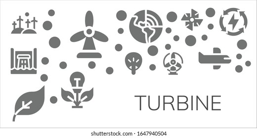 Modern Simple Set of turbine Vector filled Icons. Contains such as Windmill, Hydro power, Fan, Green energy, Geothermal, Airplane and more Fully Editable and Pixel Perfect icons.