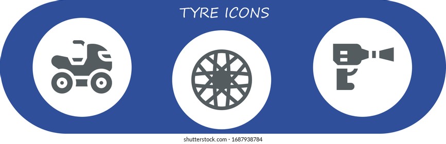 Modern Simple Set of tyre Vector filled Icons. Contains such as Quad, Spoke wheel, Wheel pressure and more Fully Editable and Pixel Perfect icons.