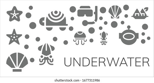 Modern Simple Set of underwater Vector filled Icons. Contains such as Starfish, Turtle, Jellyfish, Seashell, Squid, Snorkel, Aqualung and more Fully Editable and Pixel Perfect icons.