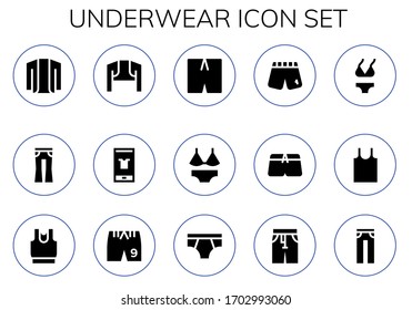 Modern Simple Set von Unterwäsche Vektorillustration gefüllt Symbole. Enthält z.B. Cardigan, Jeans, Bolero, Fashion, Swimsuit, Shorts, Bikini und mehr vollständig bearbeitbare und Pixel perfekte Symbole.