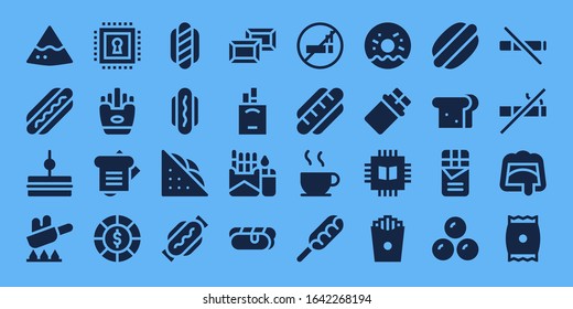 Modern Simple Set of unhealthy Vector filled Icons. Contains such as Nachos, Hot dog, Sandwich, Fry, Chip, Fries, Chips, Chocolate and more Fully Editable and Pixel Perfect icons.