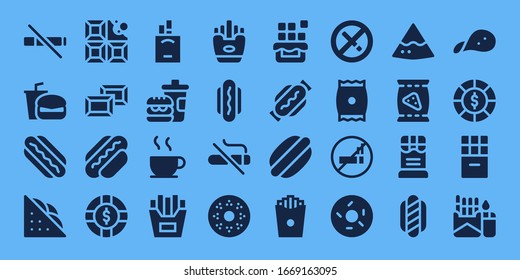 Modern Simple Set of unhealthy Vector filled Icons. Contains such as No smoke, Fast food, Hotdog, Sandwich, Chocolate, Hot dog and more Fully Editable and Pixel Perfect icons.