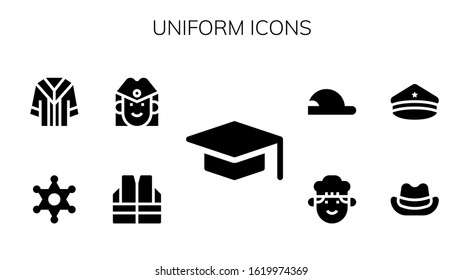 Modern Simple Set of uniform Vector filled Icons. Contains such as Graduation, Vest, Stewardess, Sheriff, Uniform, Hat, Police hat and more Fully Editable and Pixel Perfect icons.