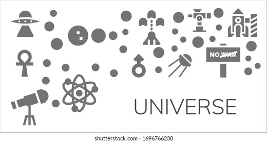 Modern Simple Set of universe Vector filled Icons. Contains such as Aliens, Solar system, Ankh, Mars, Telescope, Sputnik, Spaceship and more Fully Editable and Pixel Perfect icons.