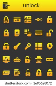 Modern Simple Set of unlock Vector filled Icons. Contains such as Lock, Login, Key, Access, Padlock, Locked, Password, Key card and more Fully Editable and Pixel Perfect icons.