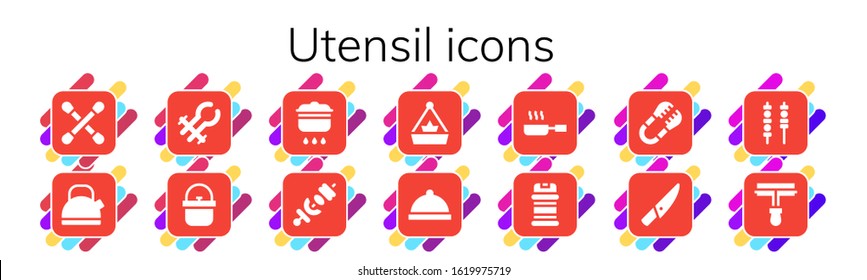 Modern Simple Set of utensil Vector filled Icons. Contains such as Cotton swab, Kettle, Tongs, Pot, Cooking, Skewer, Dinner, Frying pan and more Fully Editable and Pixel Perfect icons.