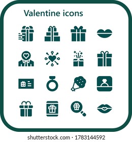 Moderno y simple conjunto de iconos llenos de vectores valentinos. Contiene como Regalo, Lips, Amor, Corazón, Caja de Regalo, Tarjeta de Regalo, Anillo, Bouquet y más íconos Completamente Editables y Perfectos de Pixel.