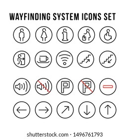 Modern and simple set vector circle icon of wayfinding/ signage system. Contains icon of male and female icon, wheelchair, trash, cafe, wifi, no parking, no sound, and more.